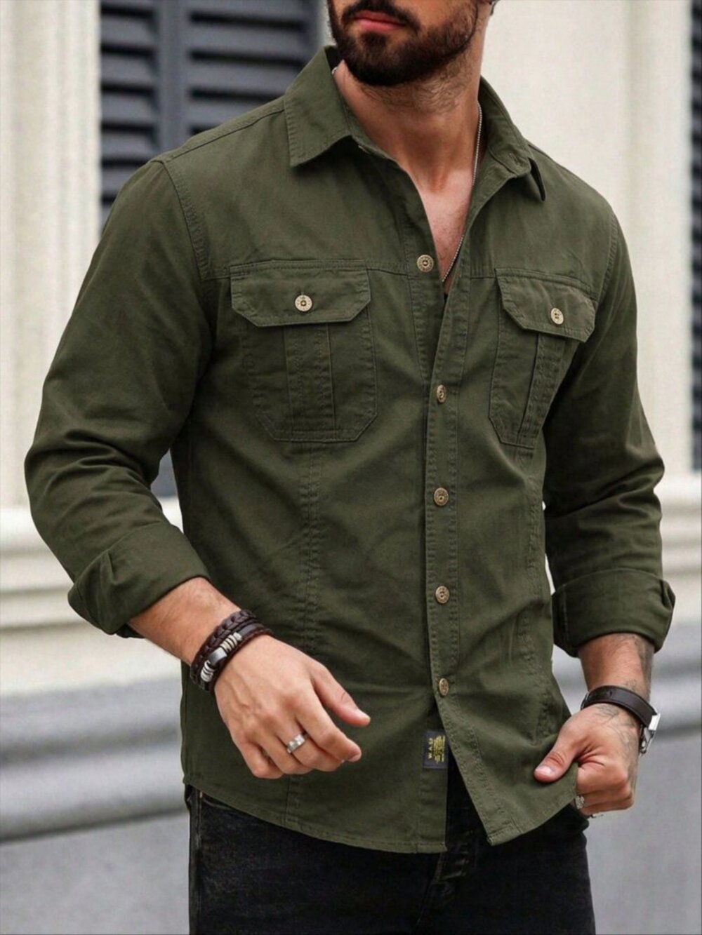 Army Green Casual -Men's Casual Cargo Shirt